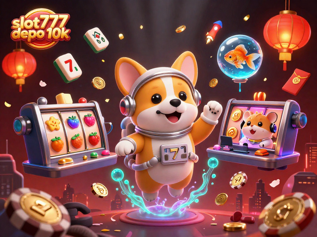Experience slot777 depo 10k excitement in a vibrant casino scene with floating characters and colorful slots.