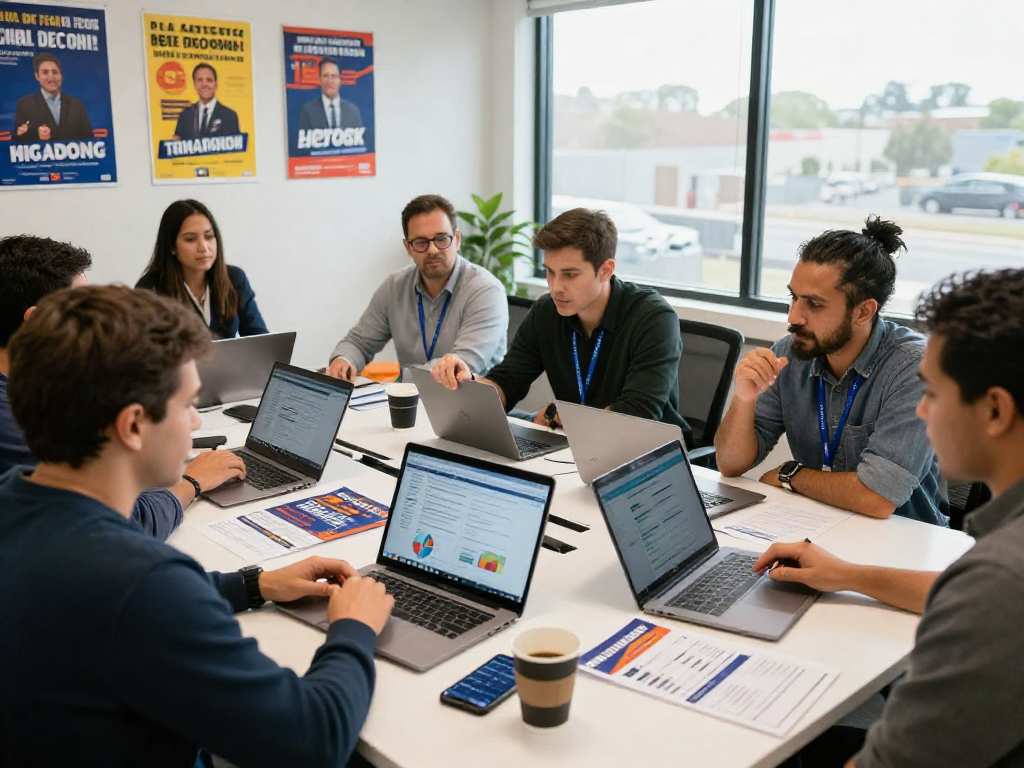 email marketing for campaigns team collaboration in political office with charts, flyers, and digital devices