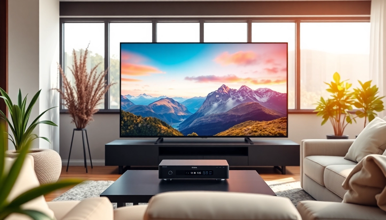 Enjoying Suisse IPTV in a modern living room with vibrant landscapes on screen.