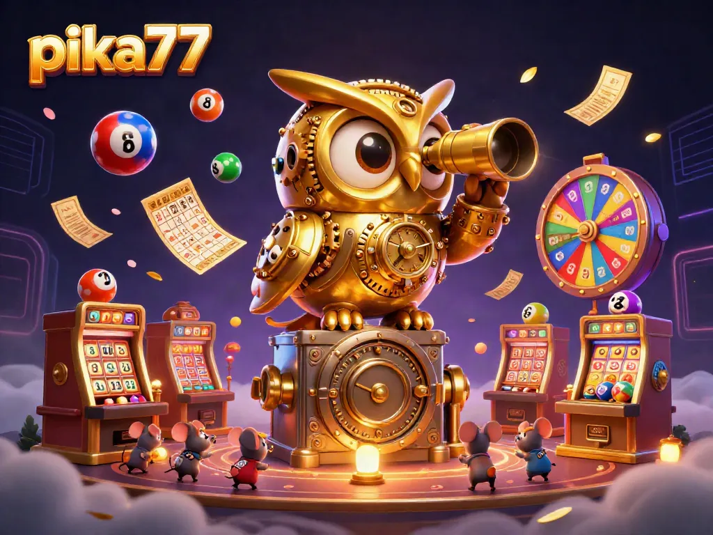 Join the excitement at pika77 as the golden owl surveys playful mice navigating classic slot machines amidst a festive gaming atmosphere.