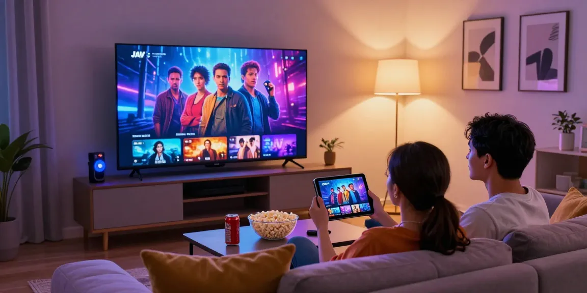 Situs film jav terbaru streaming scene with a couple enjoying JAV films in a cozy living room.