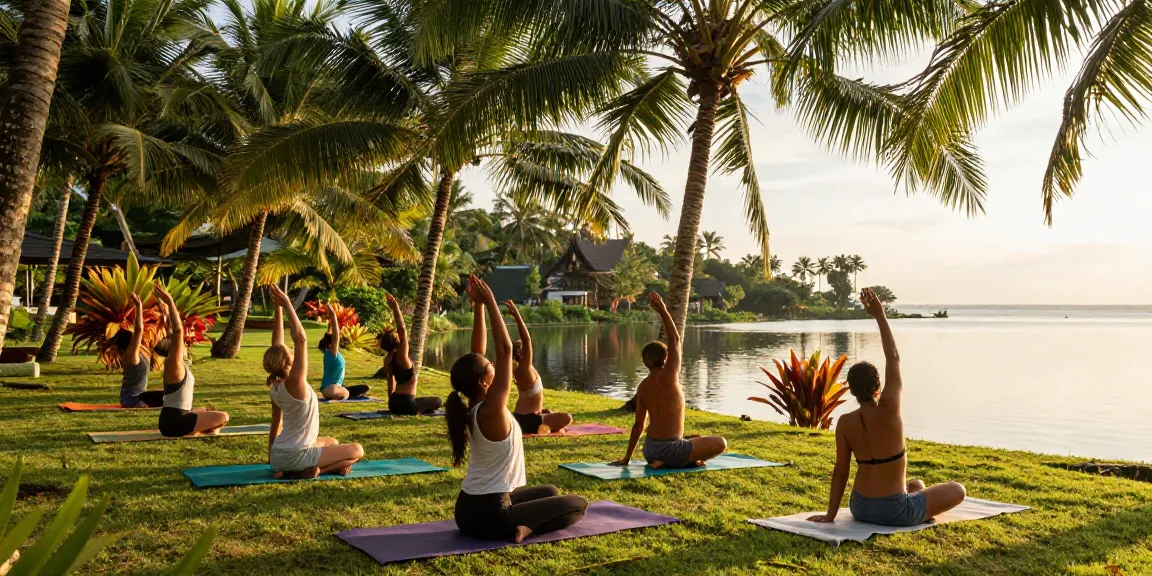 Participants enjoying yoga retreats in Sri Lanka by the lakeside, fostering community and connection.
