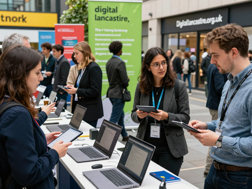 Interactive community event showcasing digital-lancashire.org.uk tech innovations with diverse professionals and engaging displays