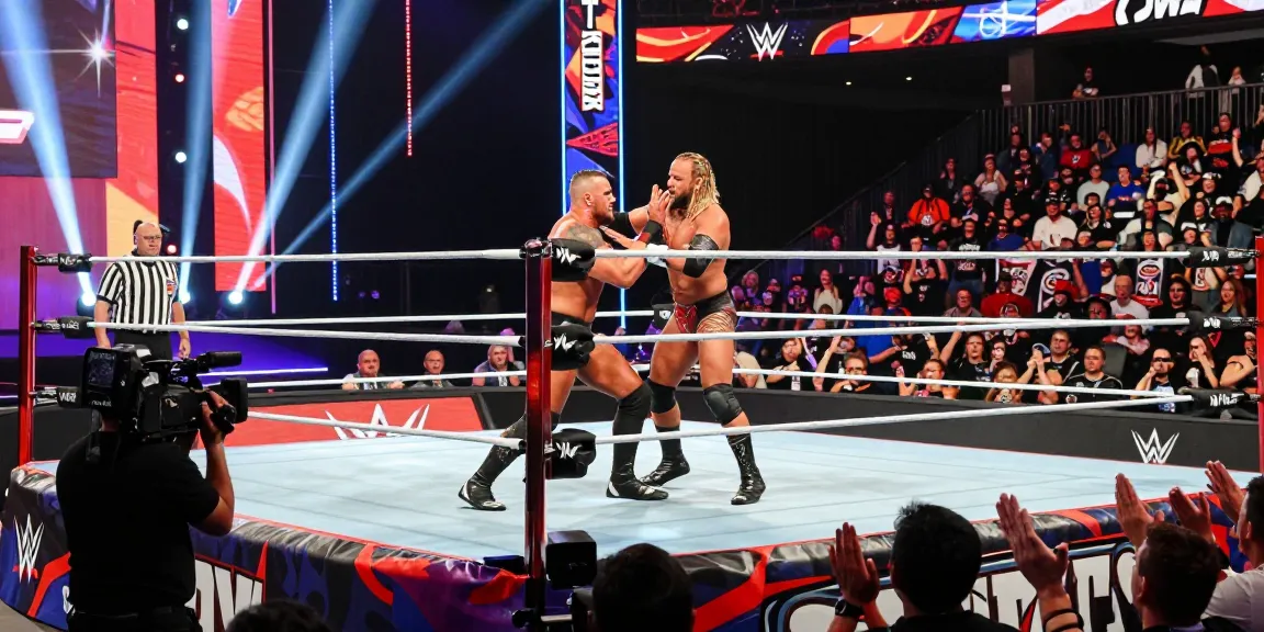 Exciting WWE Raw wrestling match featuring CM Punk and Roman Reigns in an electrifying arena atmosphere.