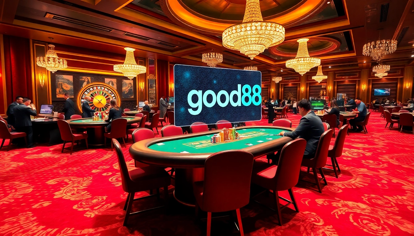 Engaged players at a good88 poker table with vibrant casino ambiance and betting excitement.