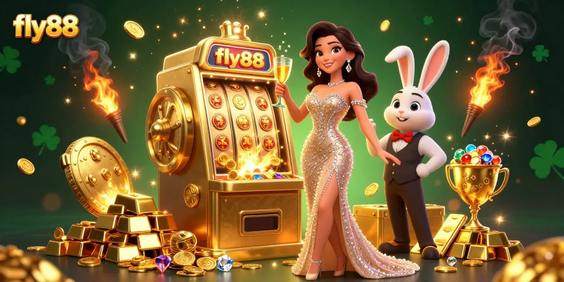Experience thrilling gameplay at fly88 with a glamorous 3D scene featuring jackpots and riches.