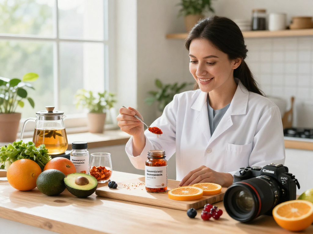 Nutritionist measuring Haematococcus pluvialis astaxanthin powder surrounded by fresh ingredients in a bright kitchen