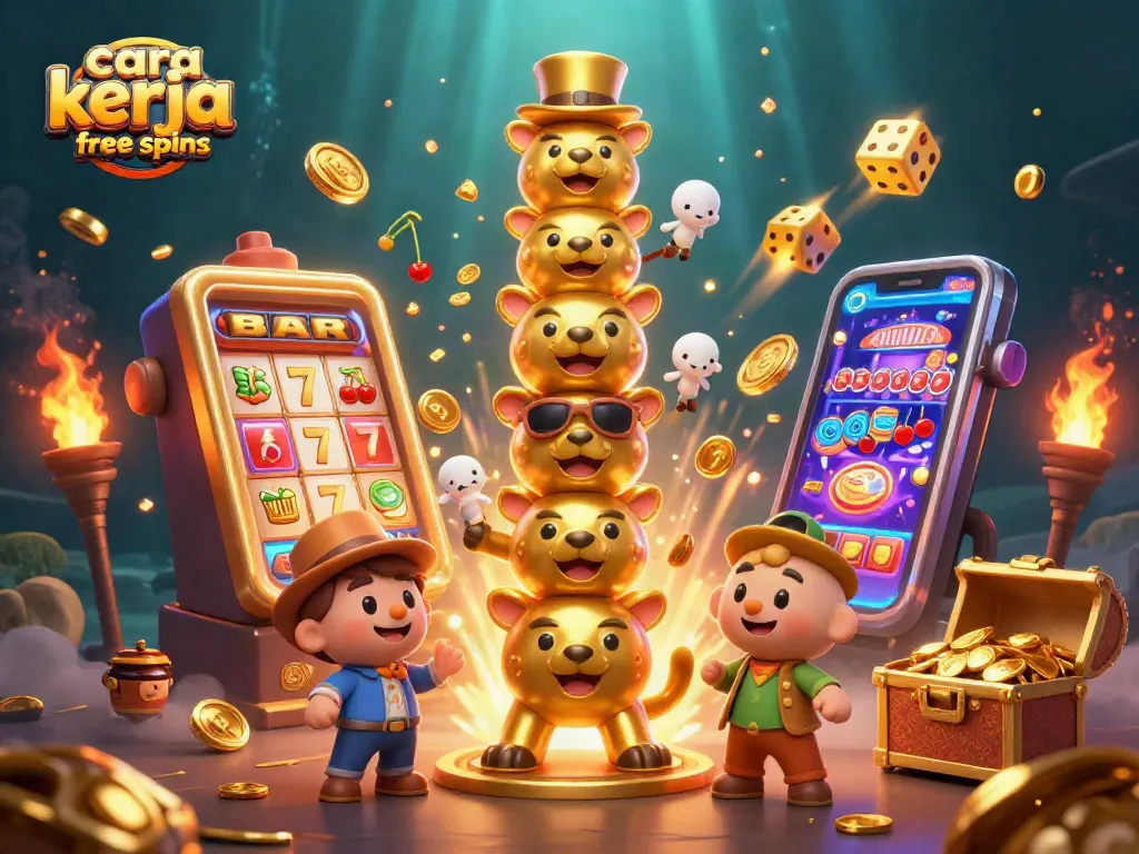 Mengetahui cara kerja free spins slot online dengan ilustrasi menakjubkan dari elemen kasino dan karakter slot.