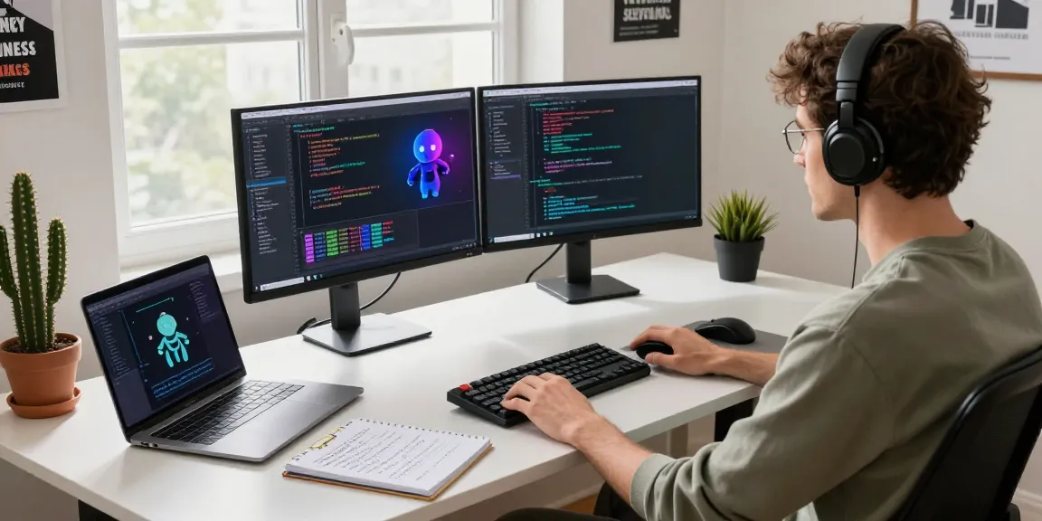 Developer coding on dual monitors, showcasing clawbot AI integration in a modern workspace.