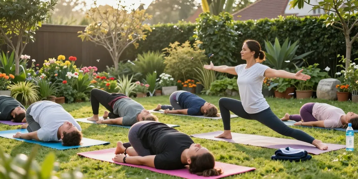 Yoga instructor leading outdoor class in serene garden setting, see more details on wellness practices.