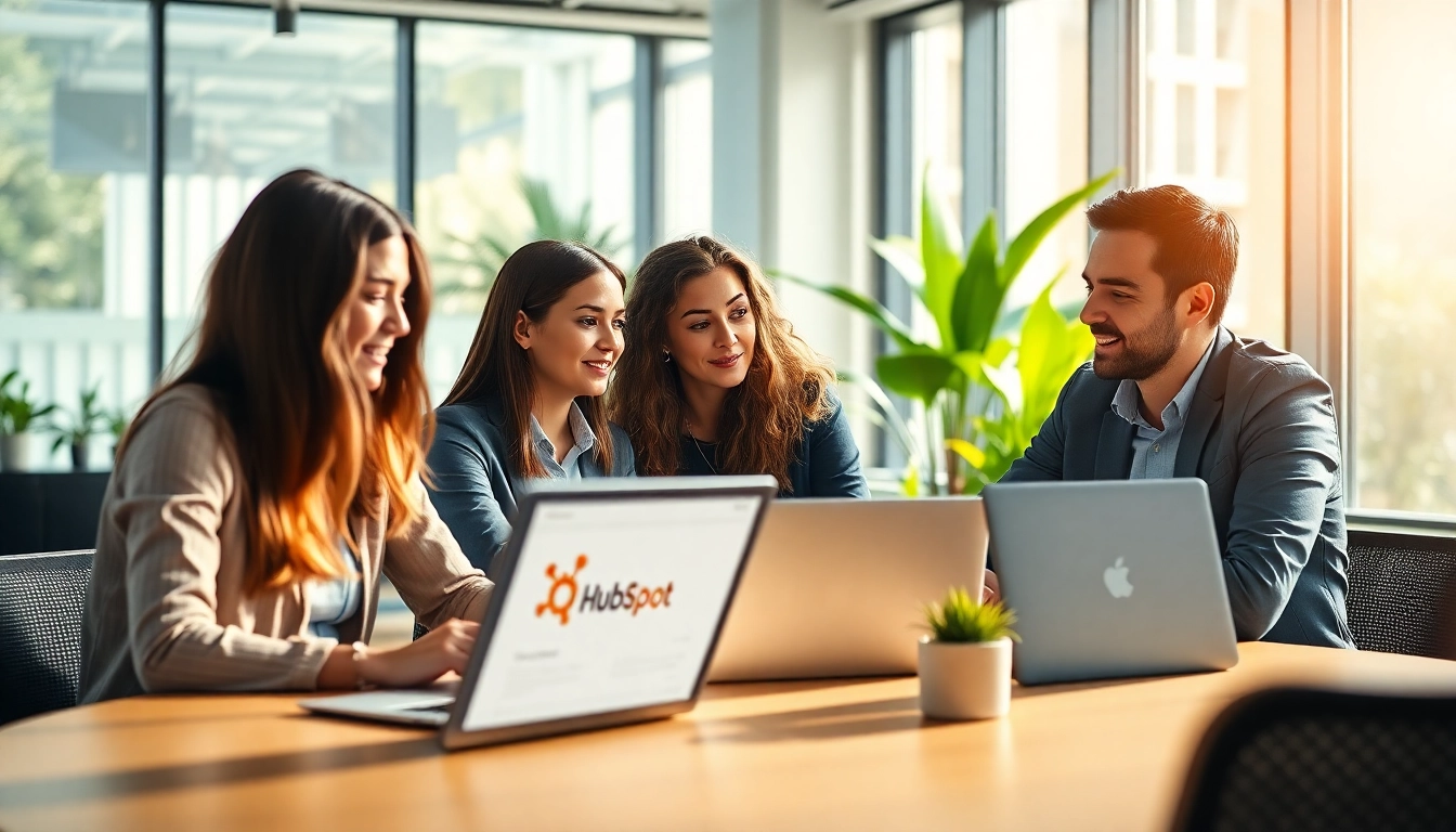 Engaging discussion on agencia hubspot strategies in a modern office.