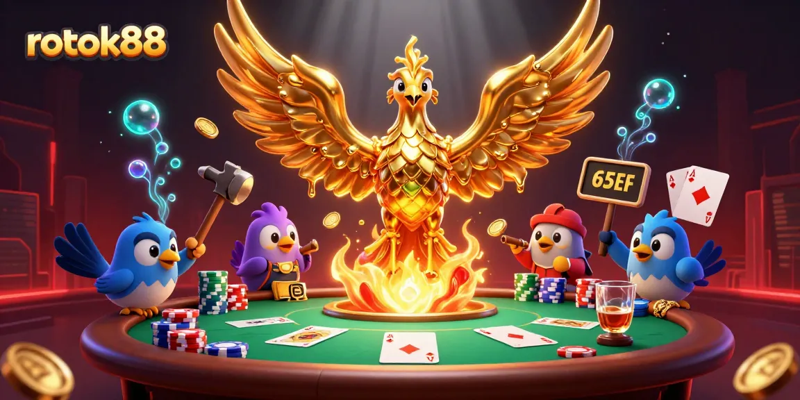 Experience thrilling gameplay with rokok88's vibrant casino scene featuring golden phoenix and poker elements.