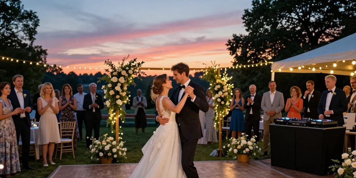 DJ für Hochzeit Berlin: Feierliche Hochzeitsatmosphäre mit tanzendem Paar und DJ-Setup im Hintergrund.
