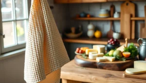 Kaasdoek hanging elegantly with artisanal cheese selection in a warm kitchen setting.
