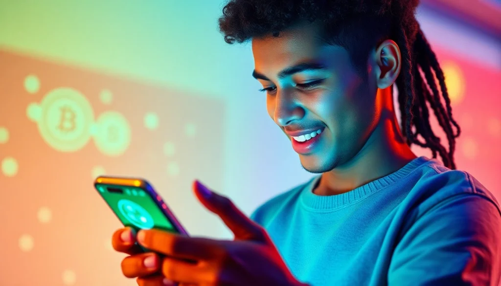 A user engaging with a crypto mining app on a smartphone, showcasing technology and finance.