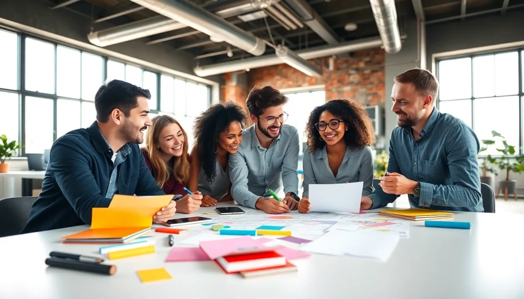 Engaging team collaborating on creative concept development ideas in a bright workspace.