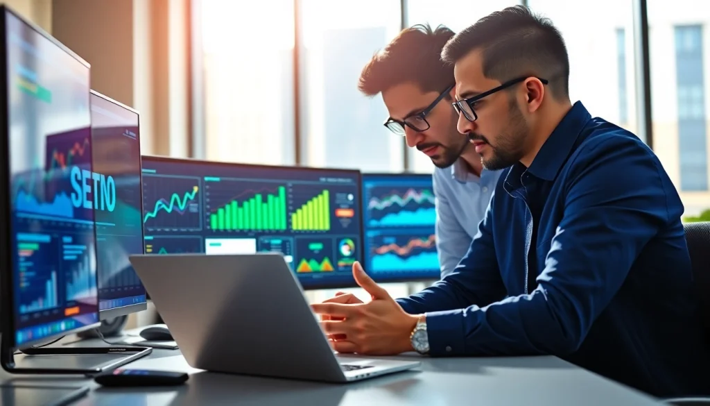 SEO experts Malaysia strategizing for a digital marketing project in a modern office.