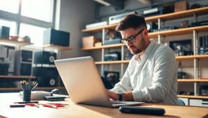 Expert working on computer repair with organized tools in a bright workshop