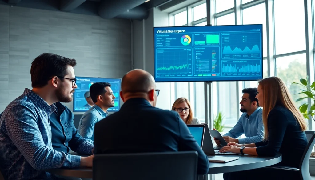 Proxmox Virtualization Experts collaborating in a modern office, surrounded by high-tech displays.