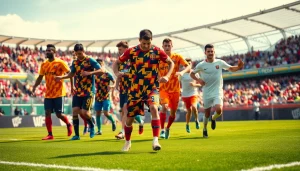 Showcasing a vibrant Team kit worn by players on a soccer field, emphasizing teamwork and sportsmanship.