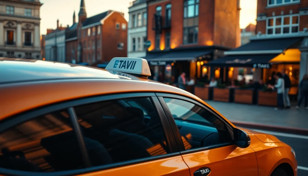 Catching a West Bridgford Taxi parked near a bustling café, ready for passengers.