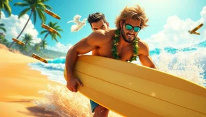 Dramatic scene from Aloha and Bullets depicting Leroy Silver dodging bullets in Hawaii.