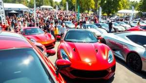 Explore a vibrant auto cars show with sleek vehicles and enthusiastic attendees at the exhibition.