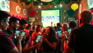 Engaged fans enjoying sports betting in Mexico at a lively sports bar.