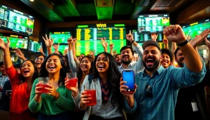 Cheering crowd enjoying the best sports betting sites in Brazil in a festive setting