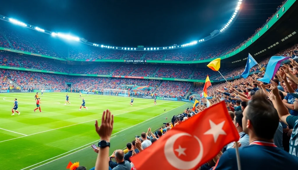 축구중계 중 열광적인 관중과 경기장 내 선수들이 역동적으로 활동하는 모습입니다.