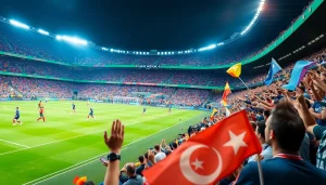 축구중계 중 열광적인 관중과 경기장 내 선수들이 역동적으로 활동하는 모습입니다.