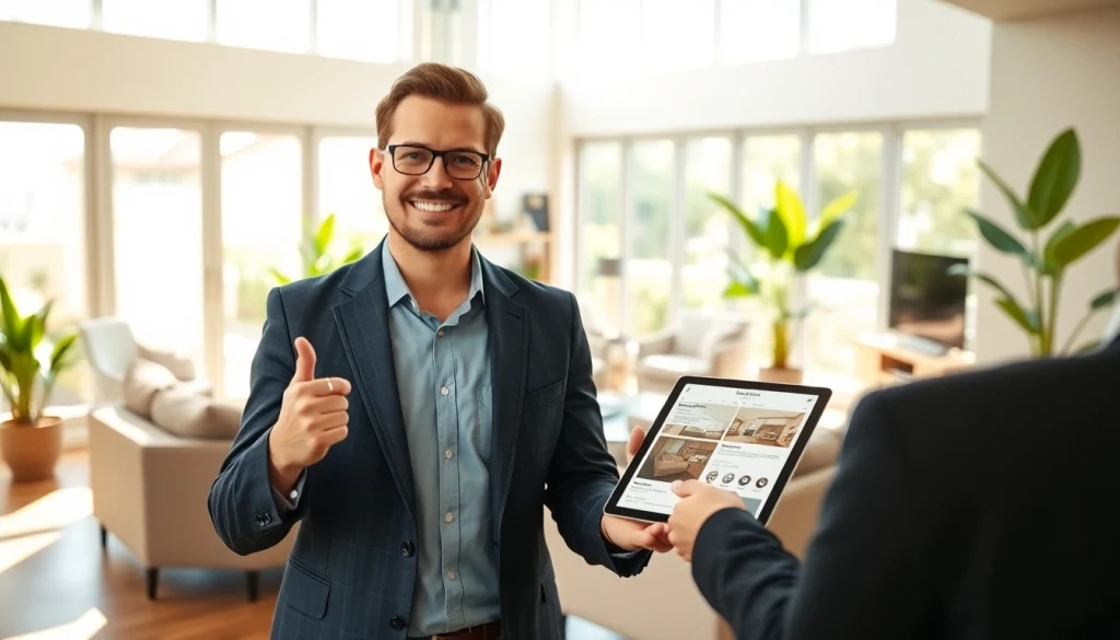 Showcasing real estate agent interacting with buyers in a stylish home setting.