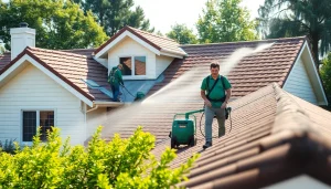 Roof cleaning services in action, showcasing professionals using eco-friendly techniques.