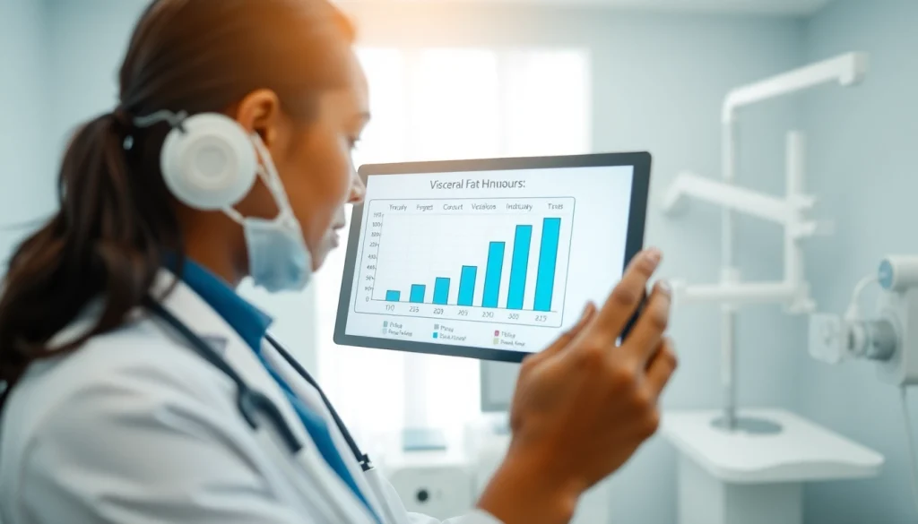 Assess visceral fat levels with a healthcare professional in a bright clinic environment.
