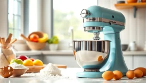 Mixing fresh ingredients with a KitchenAid mixer NZ in a modern kitchen setting.