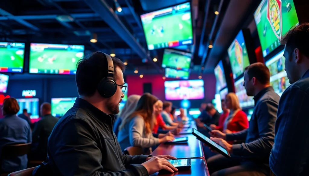 Engaged bettors using digital devices at sports betting sites British Columbia in an urban setting.