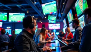 Engaged bettors using digital devices at sports betting sites British Columbia in an urban setting.