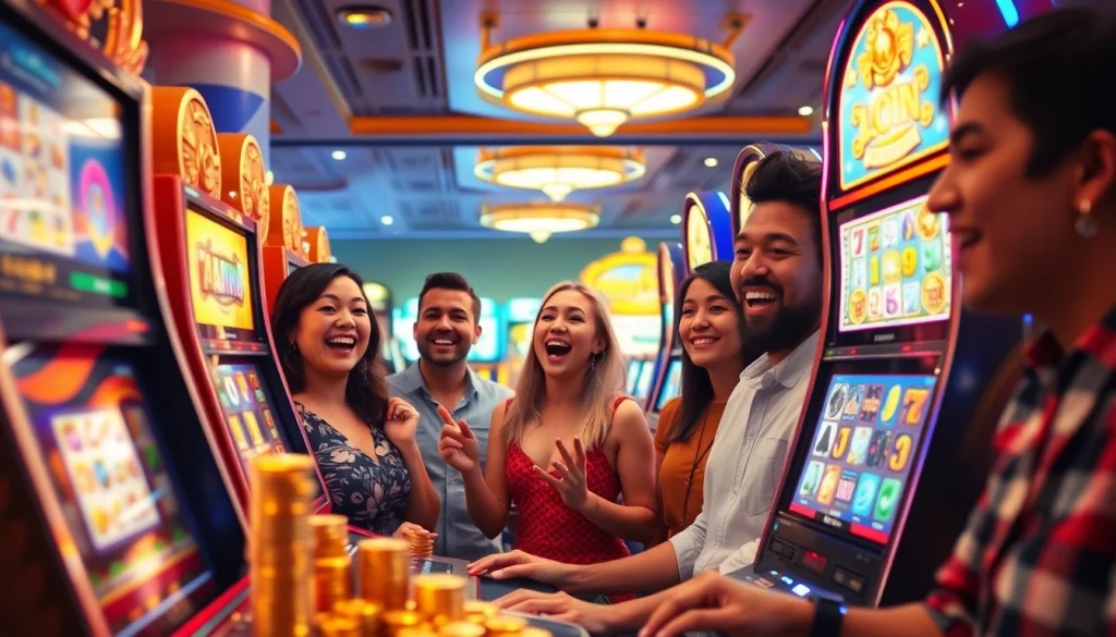 Experience the thrill of slot hoki gaming with excited players at colorful slot machines.