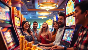 Experience the thrill of slot hoki gaming with excited players at colorful slot machines.