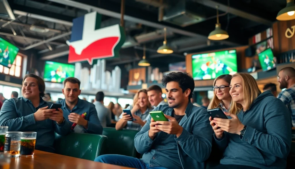 Engaging scene of sports betting sites Texas, featuring bettors discussing strategies in a lively bar setting.