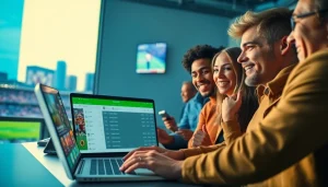 Engaged bettors exploring sports betting sites Alabama with excitement in a vibrant setting.