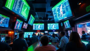 Engaged fans at sports betting sites Georgia, celebrating and discussing live odds.