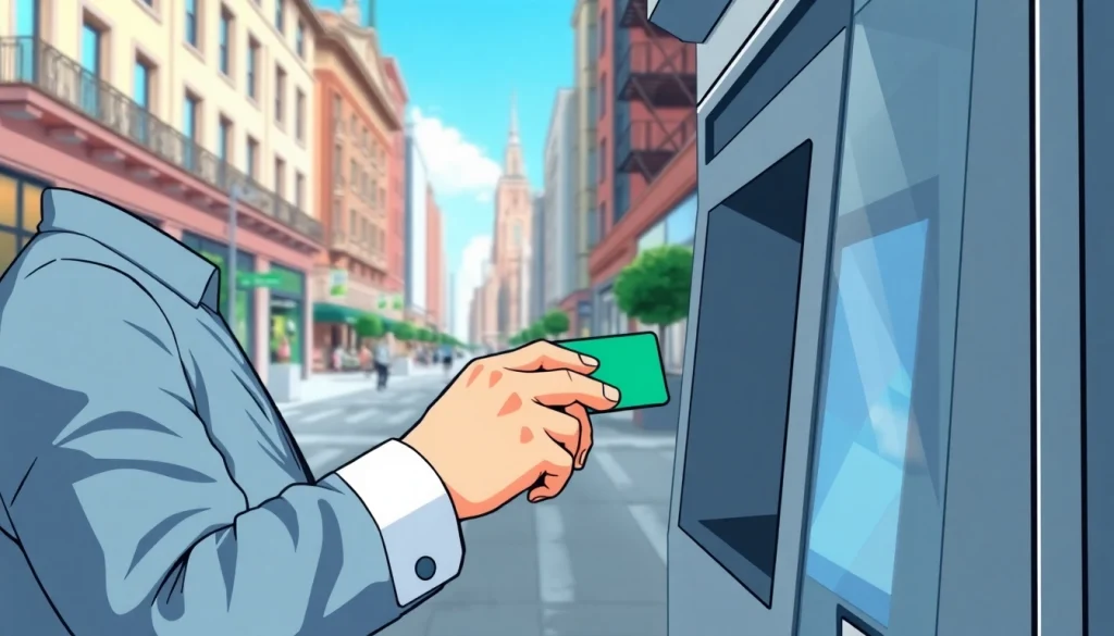 신용카드 현금화 방법을 설명하는 일러스트와 함께 신뢰를 주는 도시 배경.