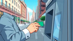 신용카드 현금화 방법을 설명하는 일러스트와 함께 신뢰를 주는 도시 배경.