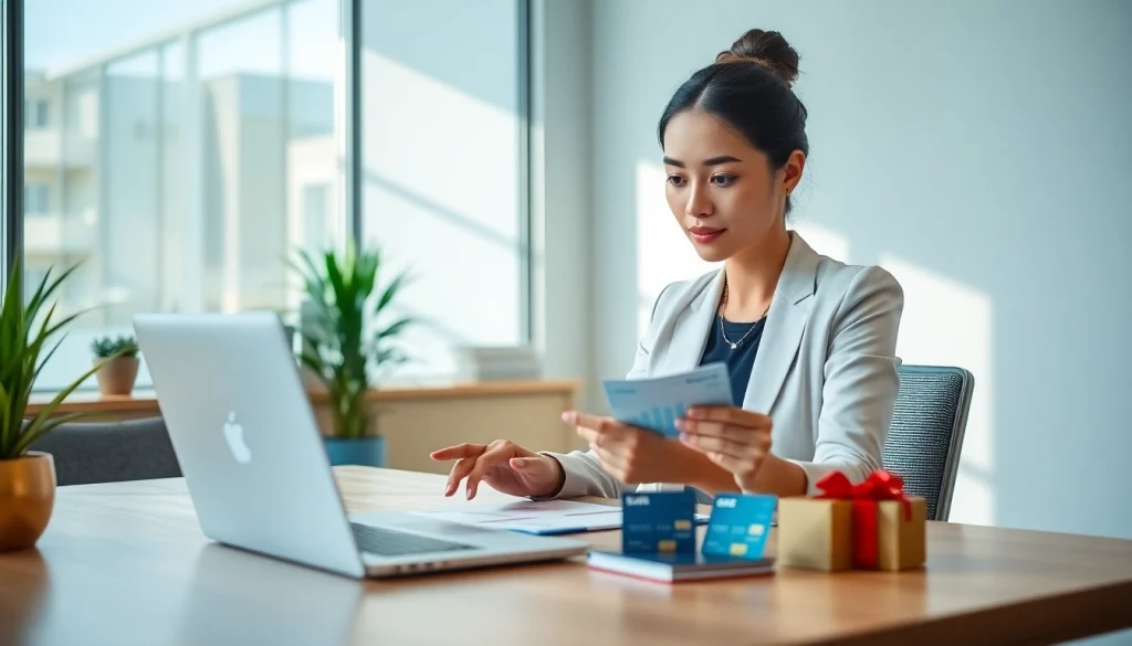 현대의 금융 업무 공간에서 신용카드와 상품권이 함께 배치된 상품권신용카드의 시각적 표현