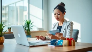 현대의 금융 업무 공간에서 신용카드와 상품권이 함께 배치된 상품권신용카드의 시각적 표현