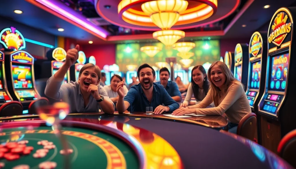 Engaged players enjoying Canadian casinos online with lively gaming atmosphere and vibrant colors.
