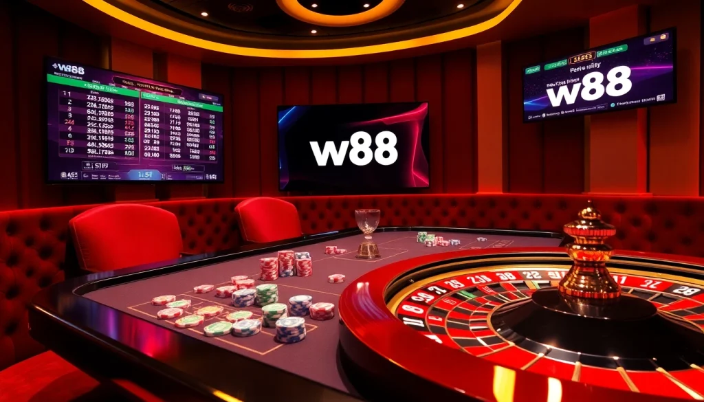 Engaging in a live casino game featuring the w88 link on digital screens amidst luxury decor.