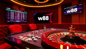 Engaging in a live casino game featuring the w88 link on digital screens amidst luxury decor.