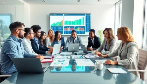 Analyze growth strategy trends with business professionals in an engaging office environment.